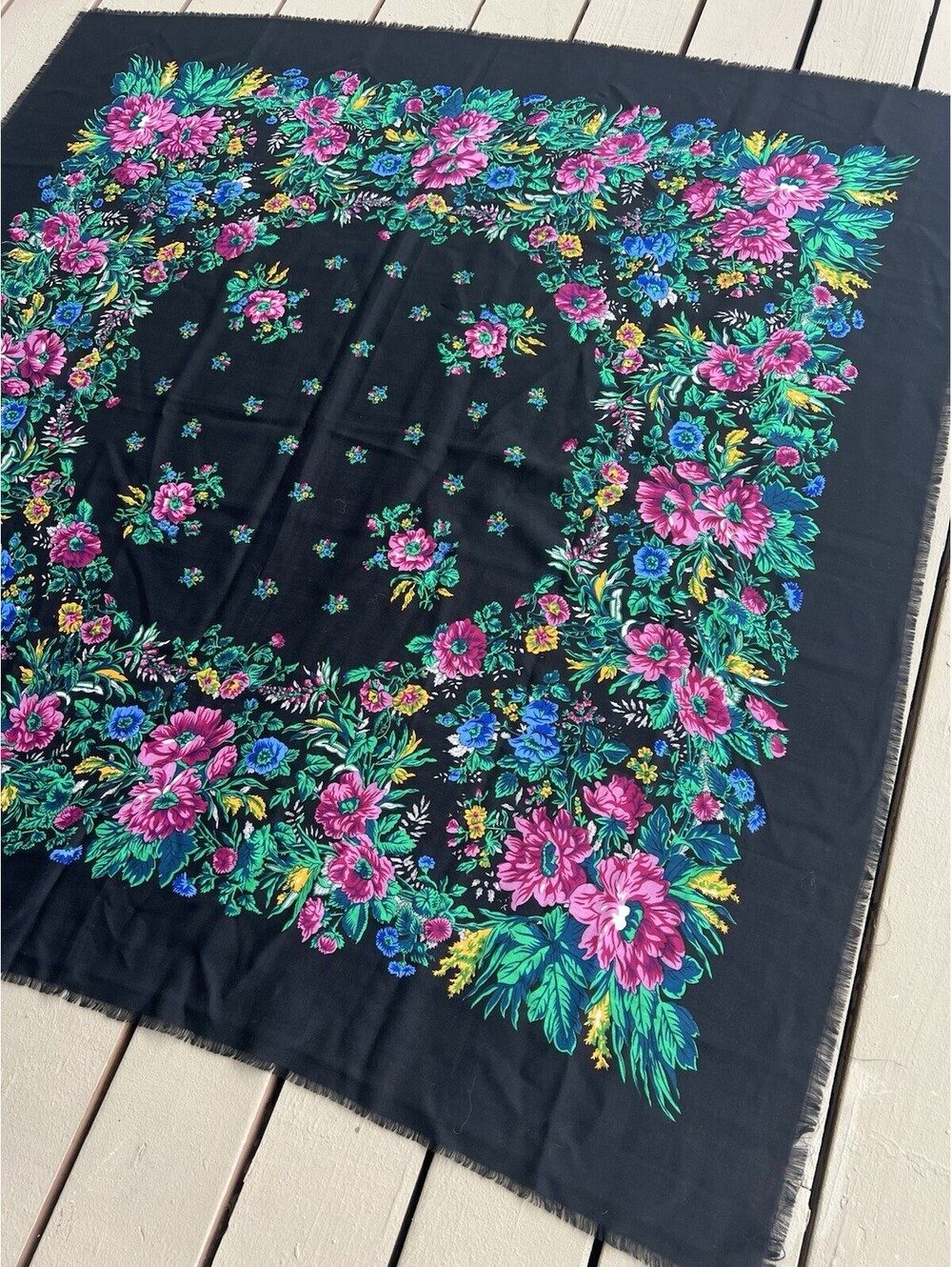 Vintage 70s Anne Klein Wool Scarf Floral Made in Japan Square Boho Wrap 52X52